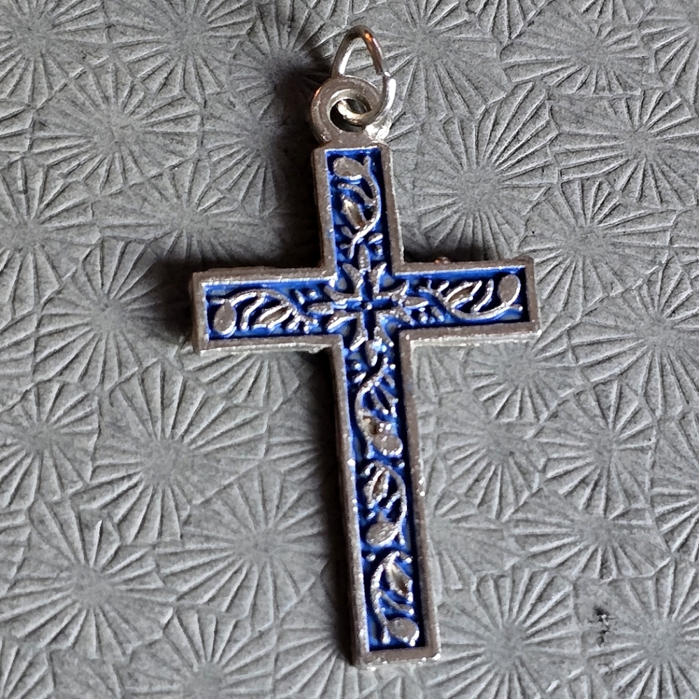 Vintage cross pendant Dark blue silver tone charm christian catholic